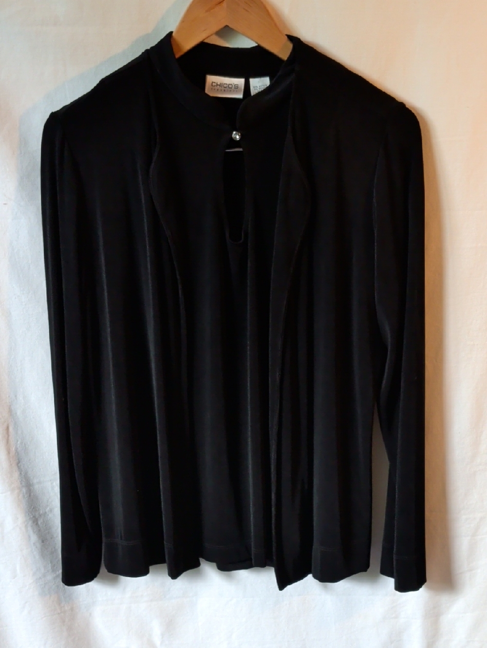 Chico's Black 3piece Travel:Open-Front Cardigan, Cap Sleeve Top And Long Skirt